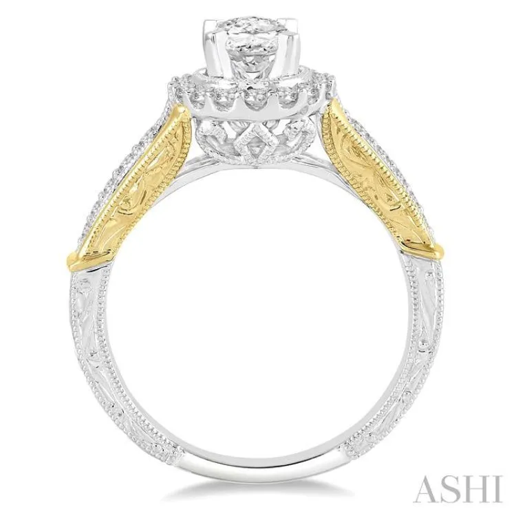 1 1/6 Ctw Diamond Engagement Ring with 3/4 Ct Oval Cut Center Stone in 14K White and Yellow Gold