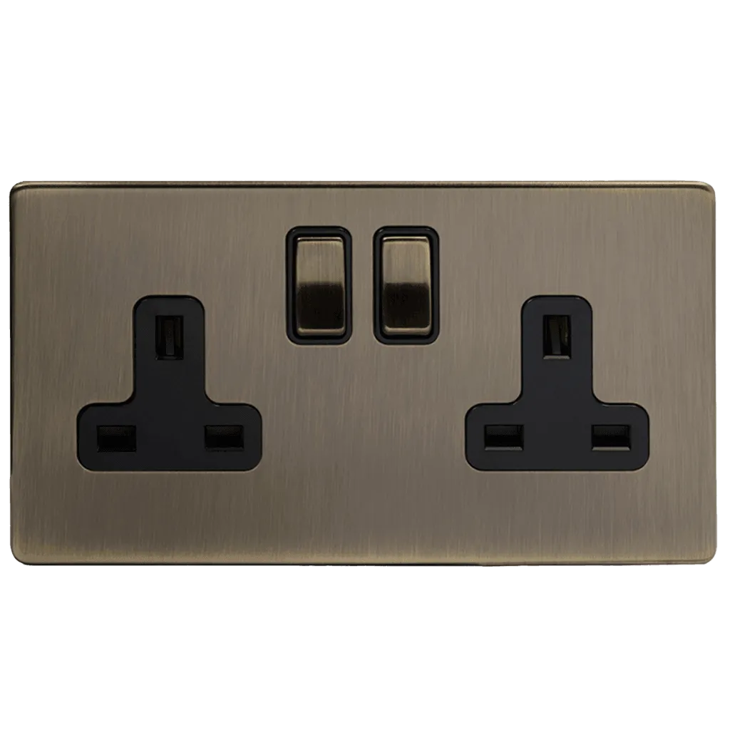 13A 2 Gang Double Pole Plug Socket Aged Brass