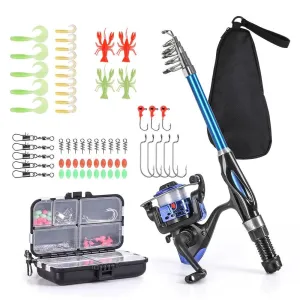 1.3m/1.5m Telescopic Fishing Rod Spinning Reel Combo Full Kit with Hooks Soft Lures Barrel Swivels Storage Bag