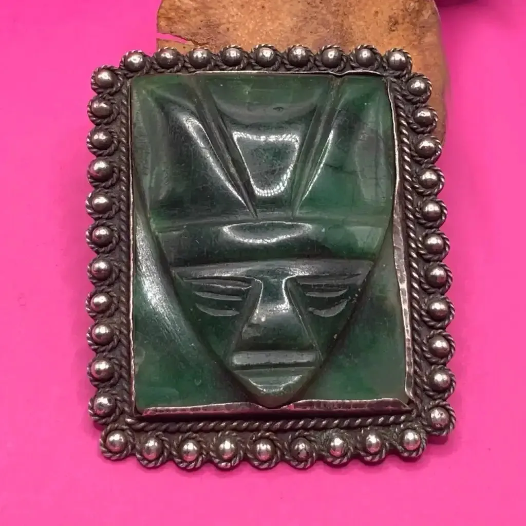 1940 Vintage Taxco silver pin with carved green obsidian