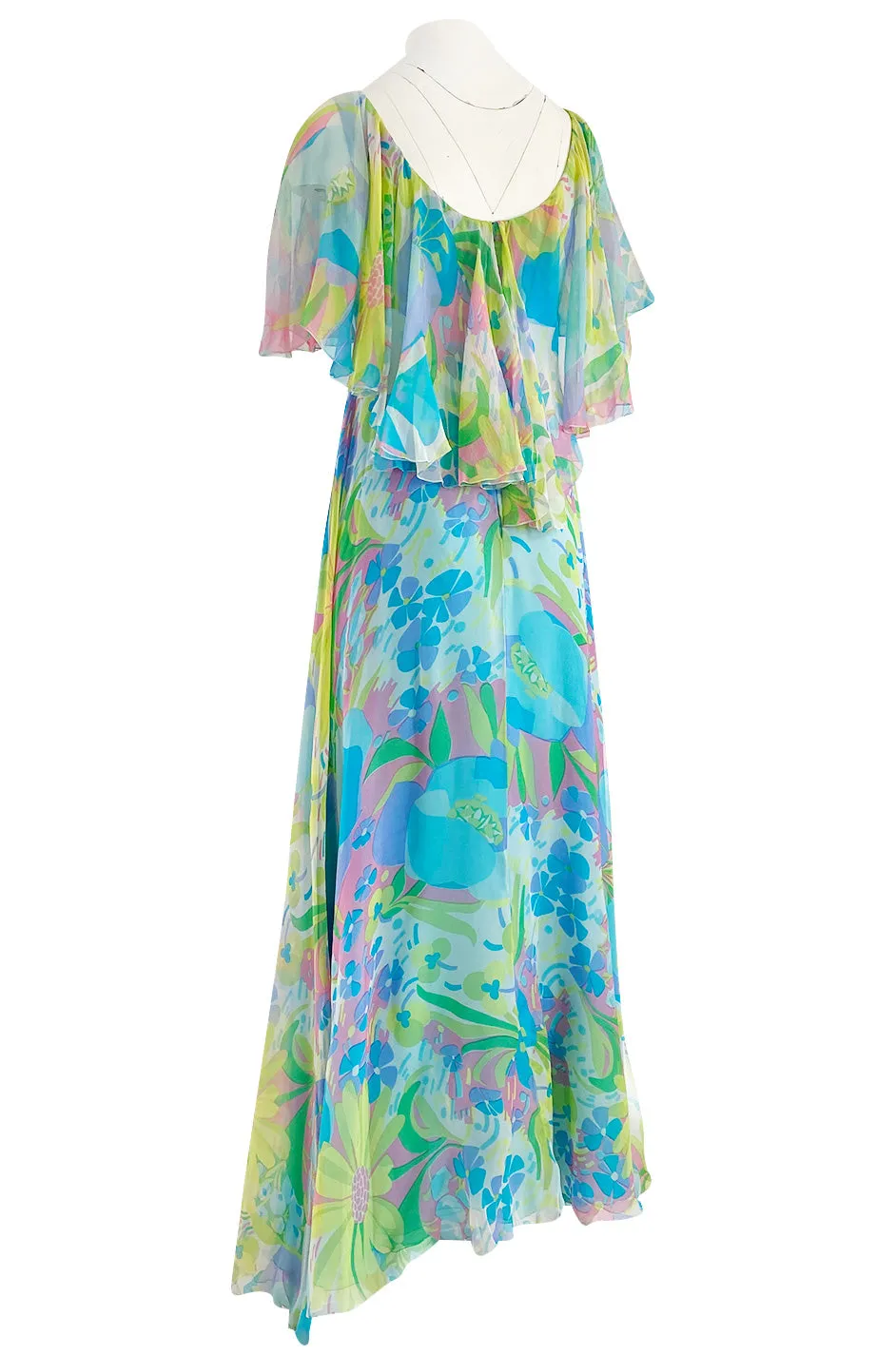 1970s Stavropoulos Couture Bias Cut Pastel Floral Turquoise Silk Chiffon Dress w Caped Detail