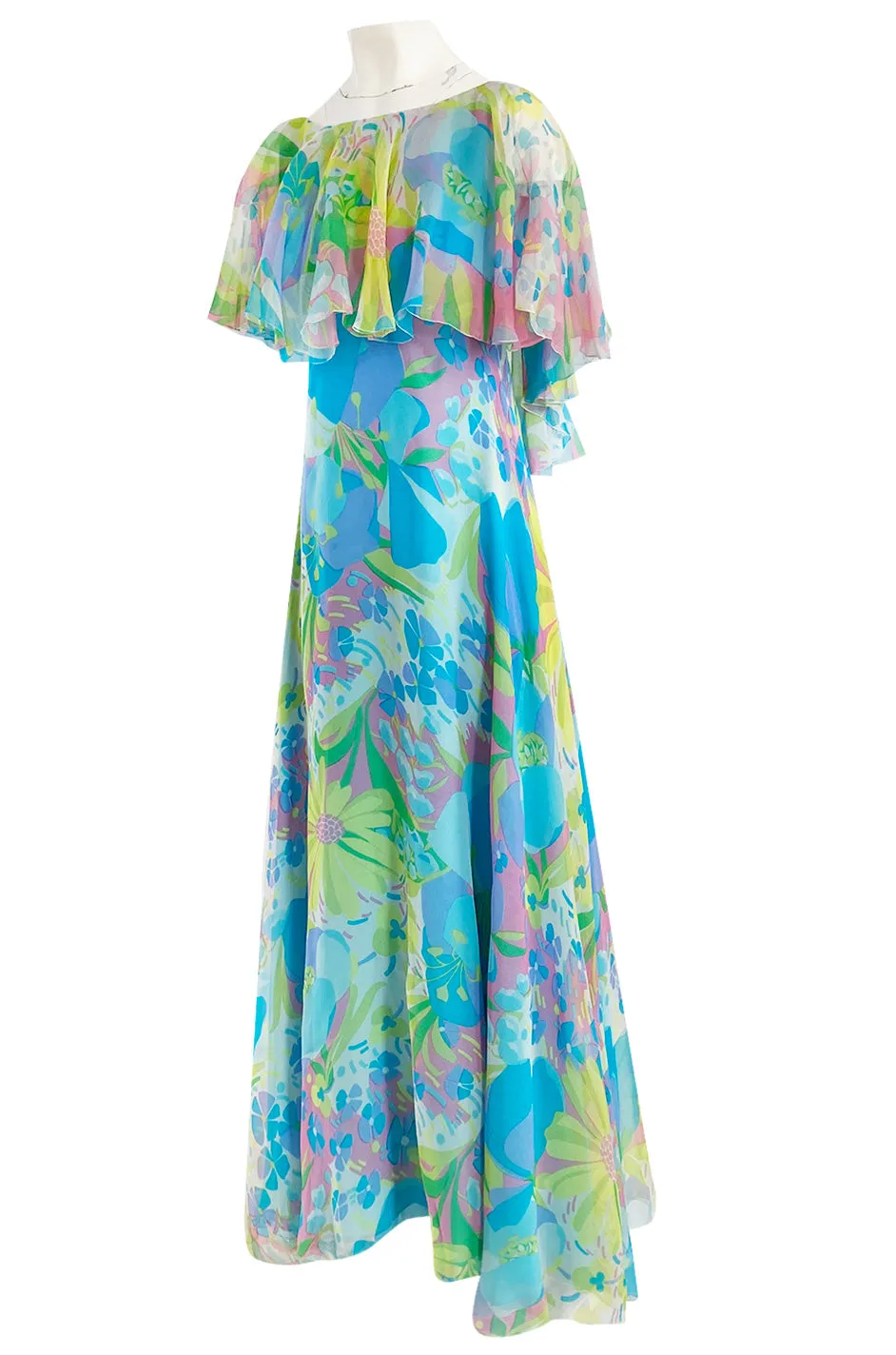 1970s Stavropoulos Couture Bias Cut Pastel Floral Turquoise Silk Chiffon Dress w Caped Detail