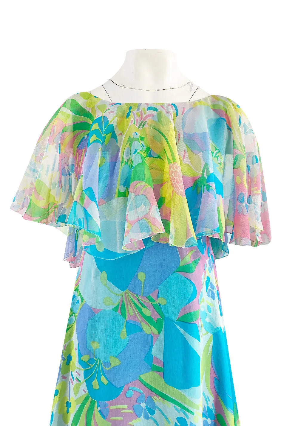 1970s Stavropoulos Couture Bias Cut Pastel Floral Turquoise Silk Chiffon Dress w Caped Detail