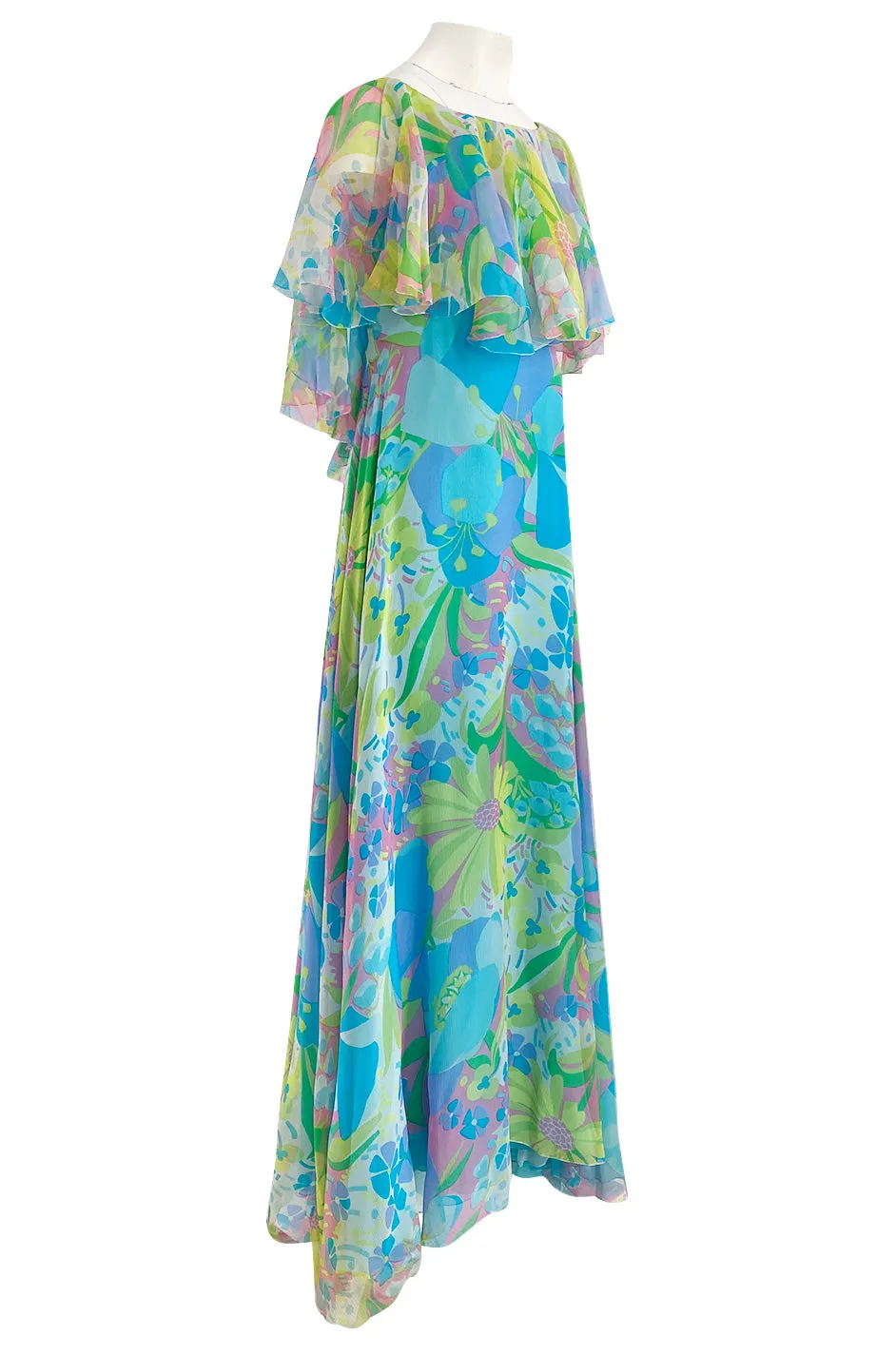 1970s Stavropoulos Couture Bias Cut Pastel Floral Turquoise Silk Chiffon Dress w Caped Detail