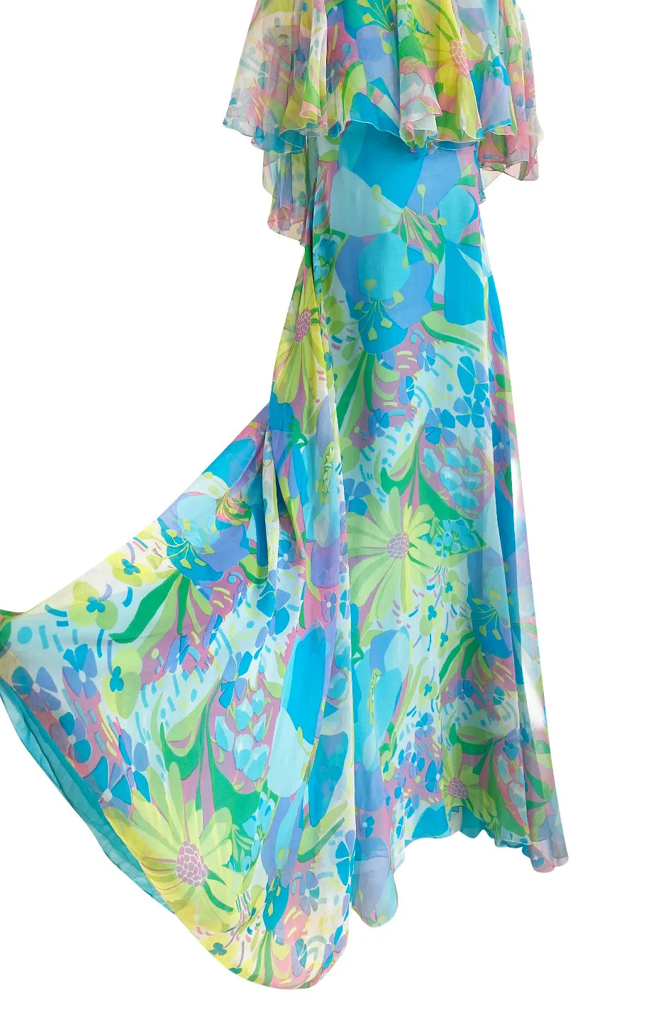 1970s Stavropoulos Couture Bias Cut Pastel Floral Turquoise Silk Chiffon Dress w Caped Detail