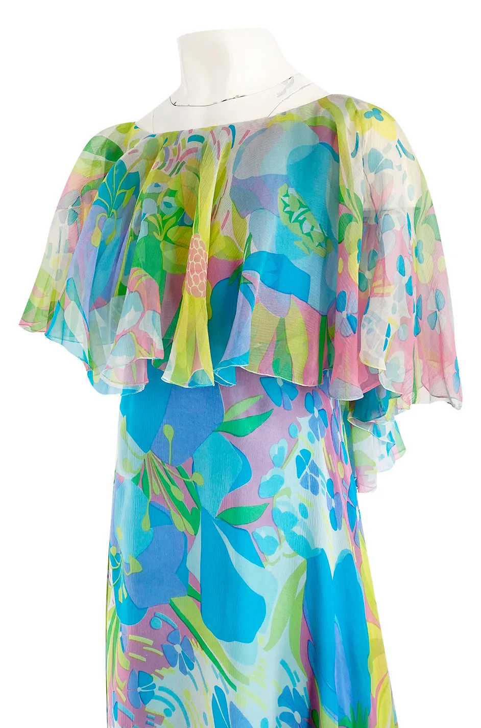 1970s Stavropoulos Couture Bias Cut Pastel Floral Turquoise Silk Chiffon Dress w Caped Detail