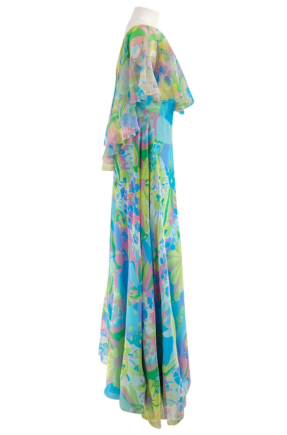 1970s Stavropoulos Couture Bias Cut Pastel Floral Turquoise Silk Chiffon Dress w Caped Detail