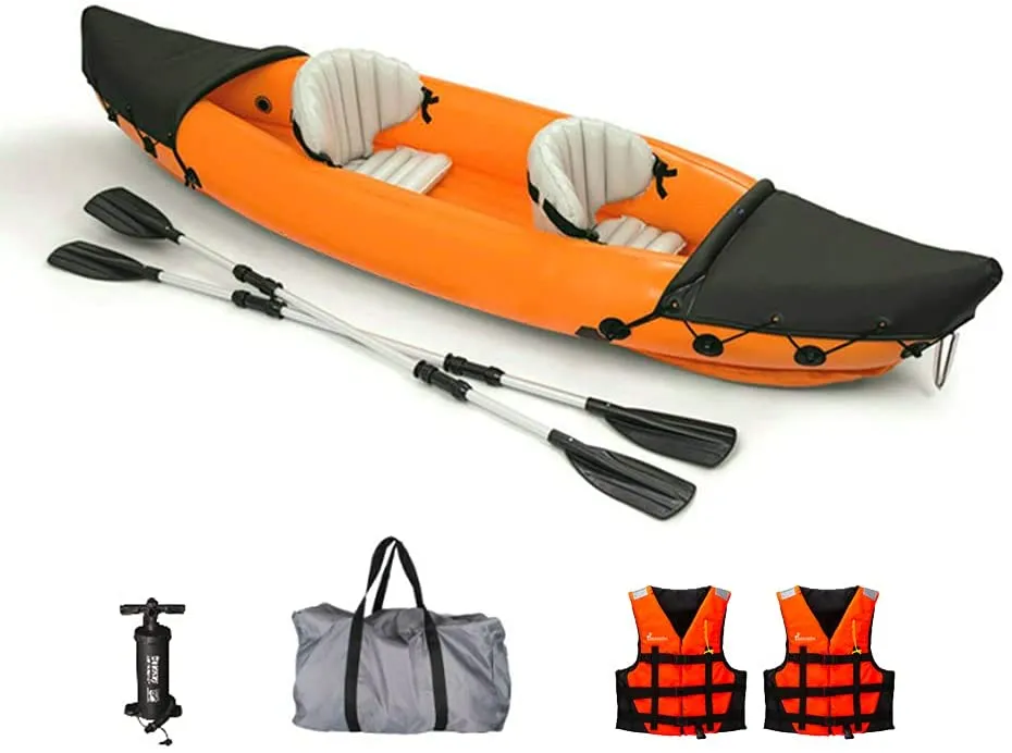 2 Person Inflatable Kayak, Orange Boat Fishing Portable