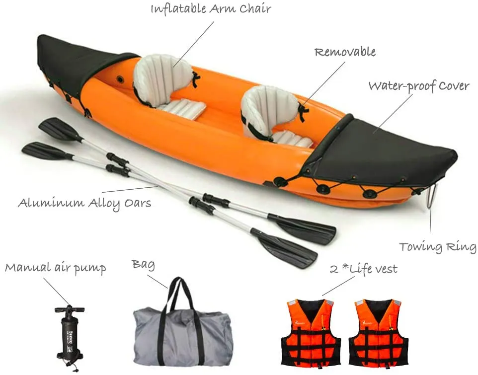 2 Person Inflatable Kayak, Orange Boat Fishing Portable