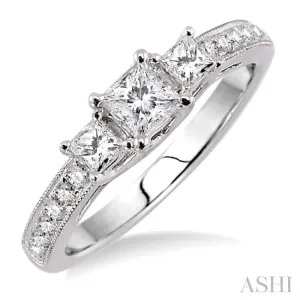 3/4 Ctw Diamond Engagement Ring with 1/3 Ct Princess Cut Center Stone in 14K White Gold