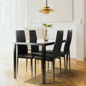 5 piece tempered glass dining table/4 faux leather chairs