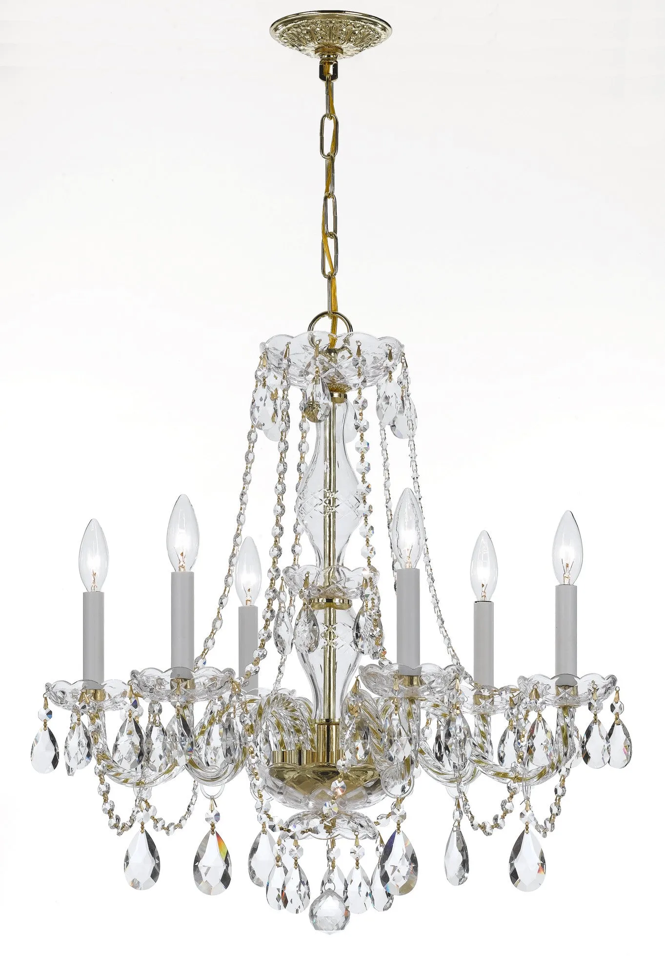 6 Light Polished Brass Crystal Chandelier Draped In Clear Hand Cut Crystal - C193-5086-PB-CL-MWP