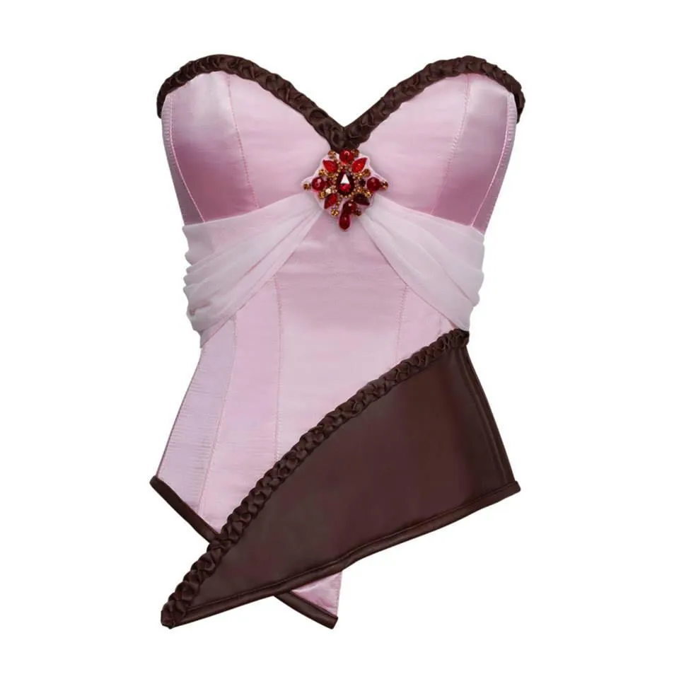 Adrion Pink Satin & Faux Leather Braided Trimming Corset