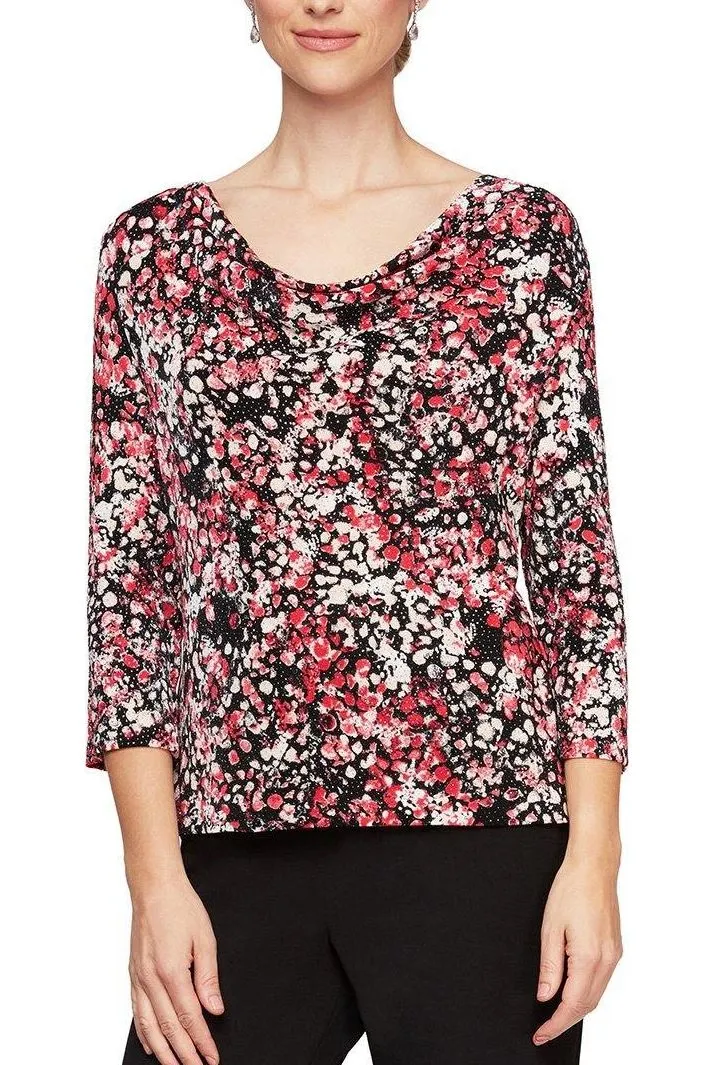 Alex Evenings Cowl Neck 3/4 Sleeve Multi Print Jersey Top