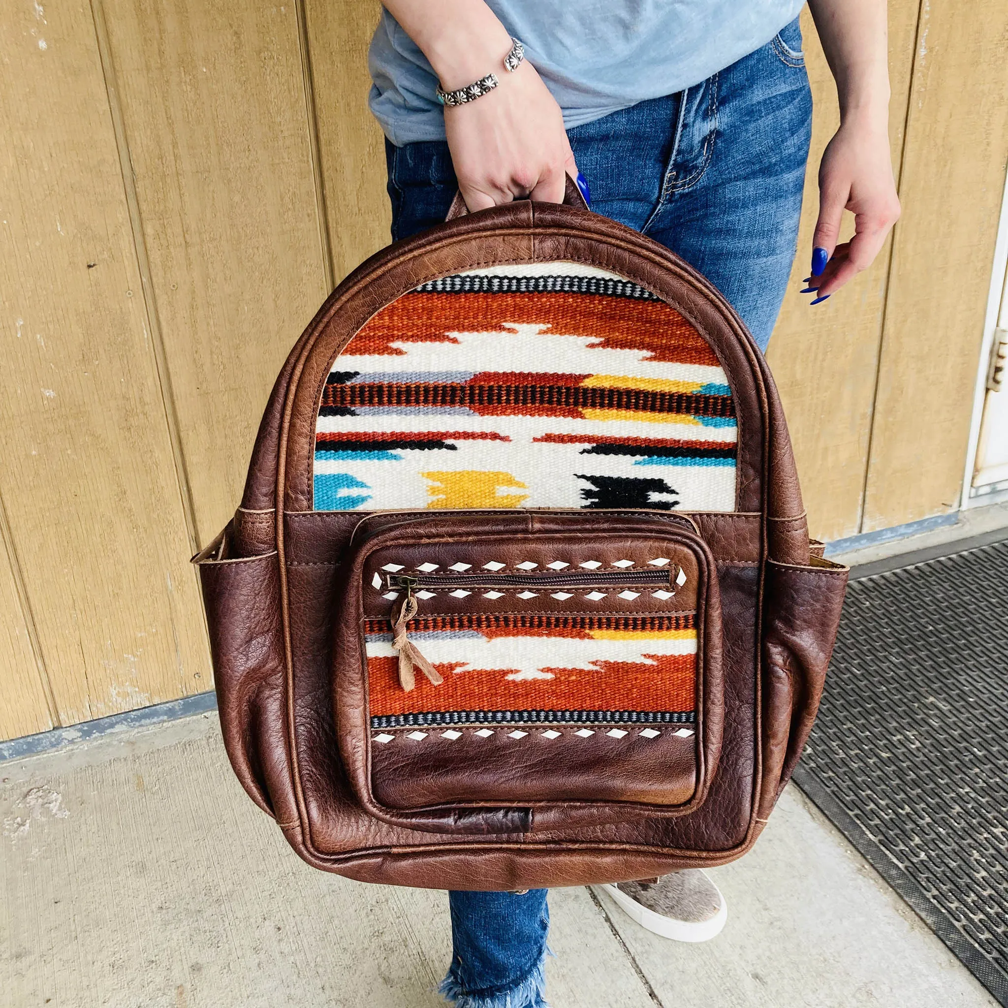 American Darling Leather Aztec Blanket Back Pack