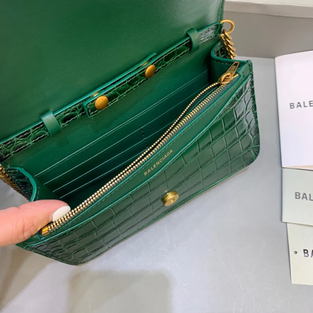 Balen Croc Embossed Patent B Bag With Chain In Green, For Women,  Bags 7.9in/20cm