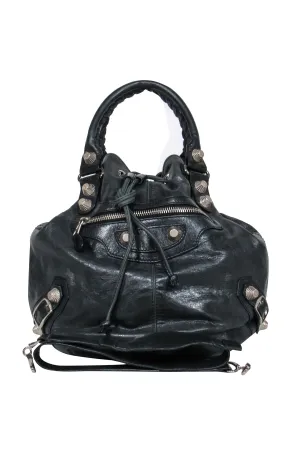 Balenciaga - Black Leather Studded Motorcross Pompon Bucket Bag