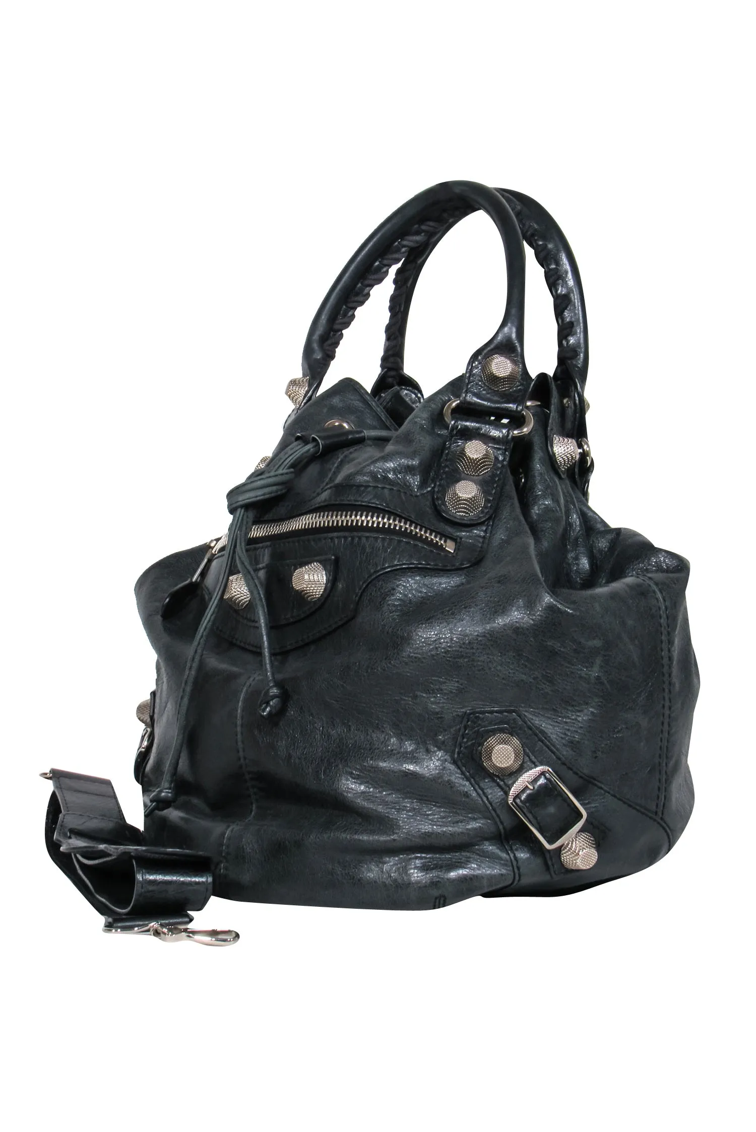 Balenciaga - Black Leather Studded Motorcross Pompon Bucket Bag