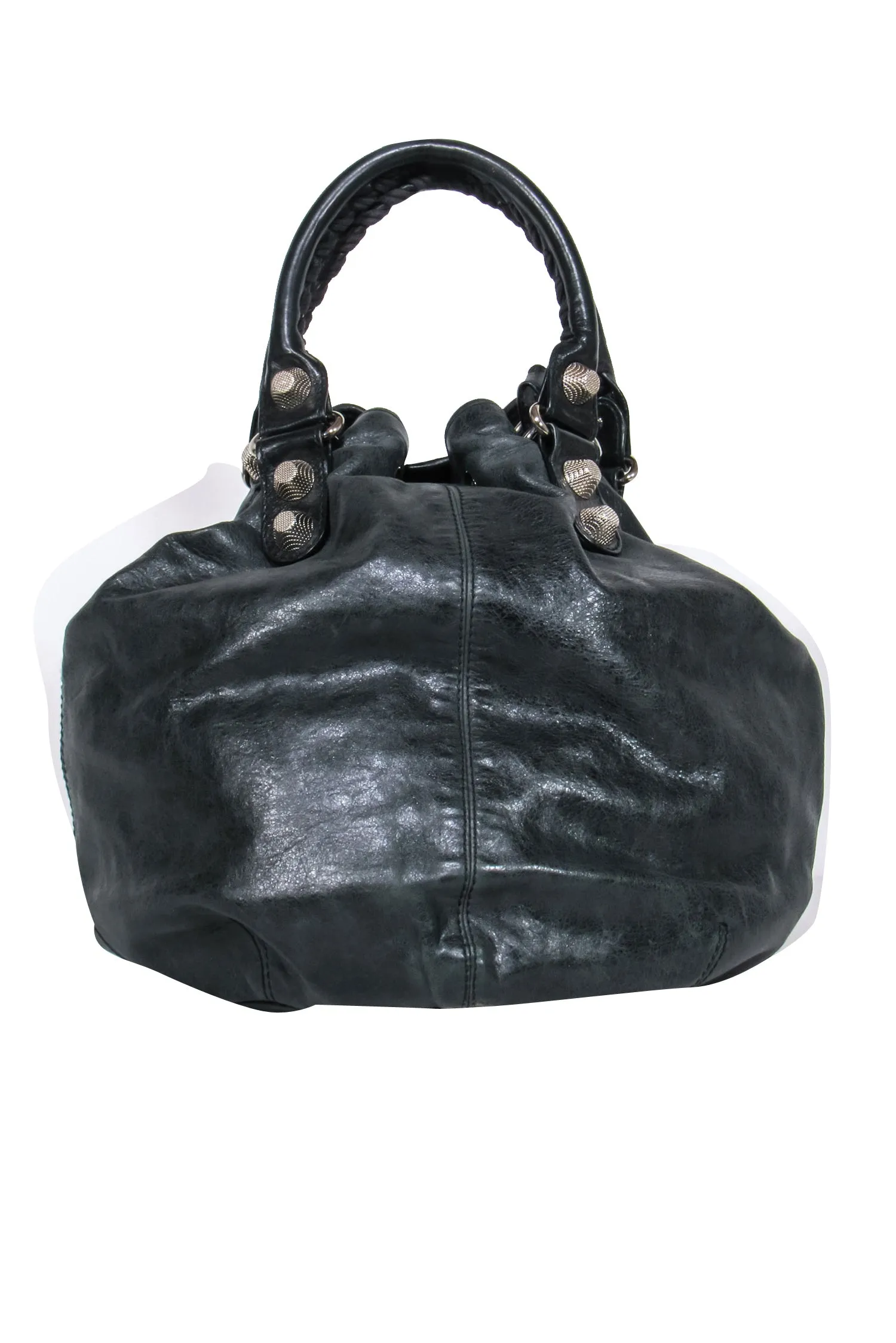 Balenciaga - Black Leather Studded Motorcross Pompon Bucket Bag