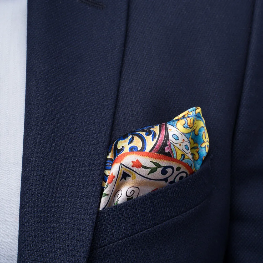 Baroque Ceramic Blue and Multicolor Silk Pocket Square