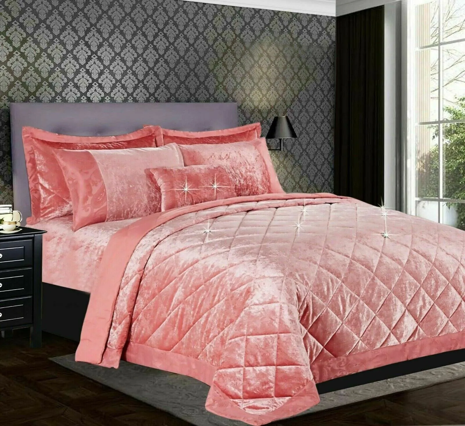 Bedspread Crushed Velvet 3-Piece Set with Matching Pillow Shams Single, Double, King, Superking (Pink)