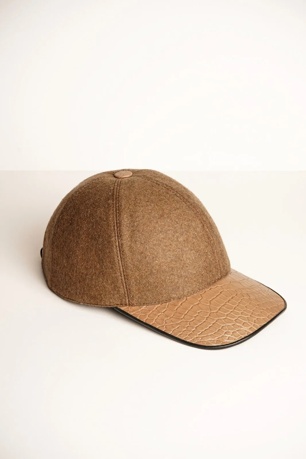 Beige Textile & Crocodile Leather Cap