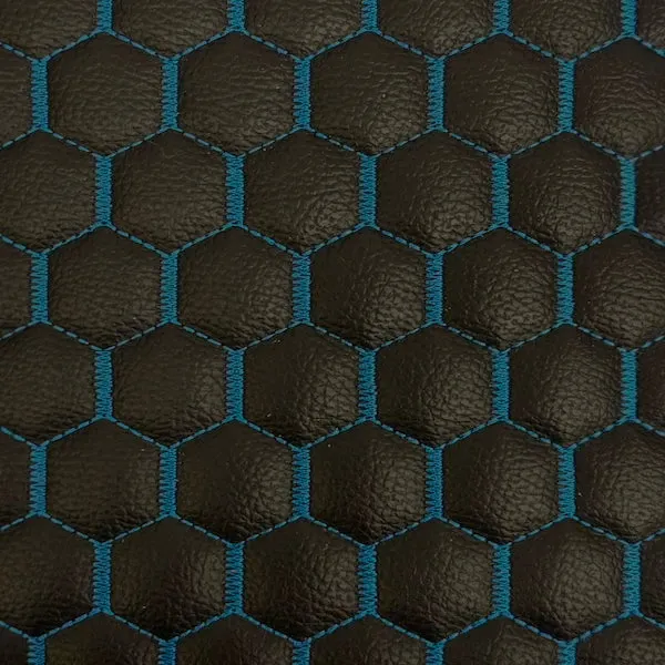 Black | Blue Honeycomb Hexagon Quilted Foam Backed Faux Leather Vinyl Fabric