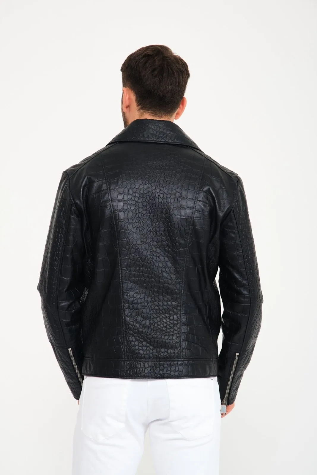 Black Crocodile Pattern Leather Jacket