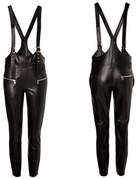 Black Faux-Leather Overalls