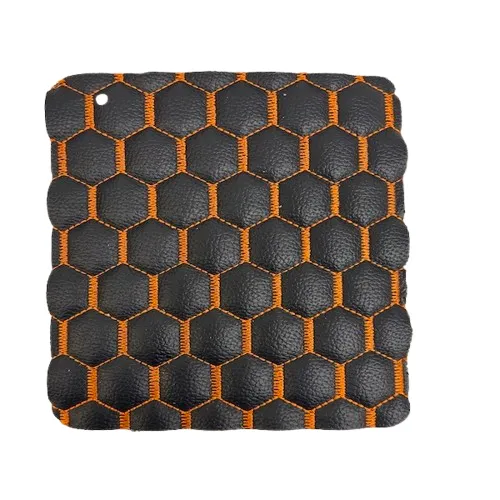 Black | Orange Honeycomb Hexagon Quilted Foam Backed Faux Leather Vinyl Fabric