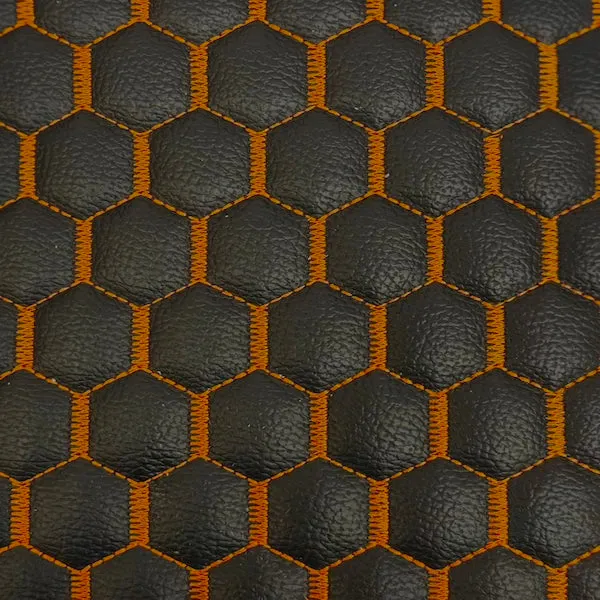 Black | Orange Honeycomb Hexagon Quilted Foam Backed Faux Leather Vinyl Fabric