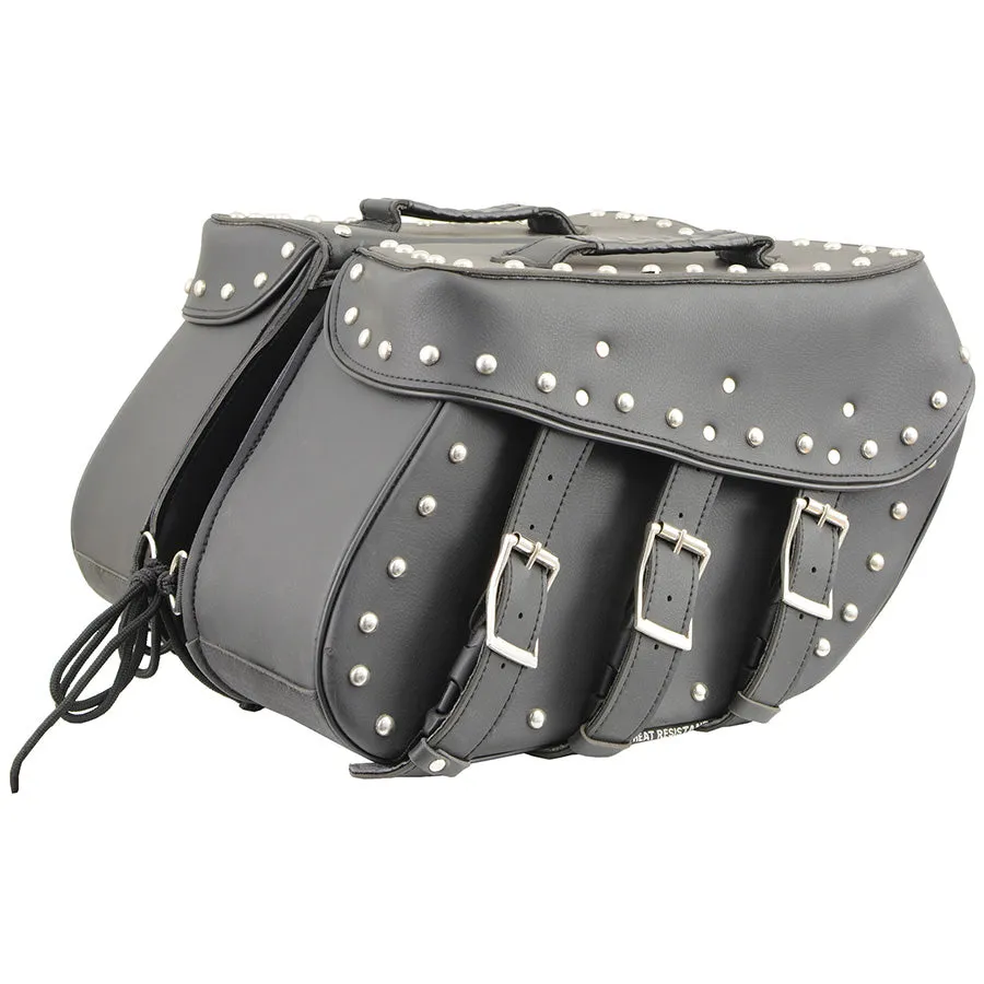 Black PVC Zip Off Medium Chrome Studded Motorcycle Saddlebag