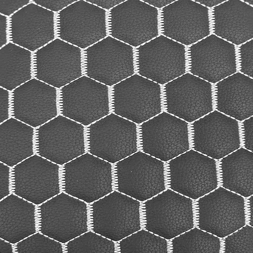 Black | White Honeycomb Hexagon Quilted Foam Backed Faux Leather Vinyl Fabric