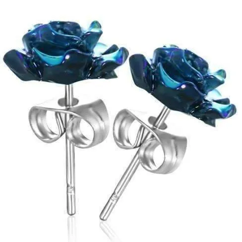 Blue Rose 316L Stainless Steel Stud Earrings for Women