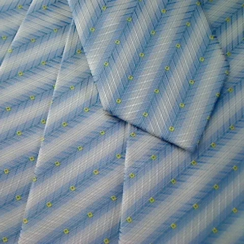 Blue Striped Necktie With White Stripes and Yellow Square Design