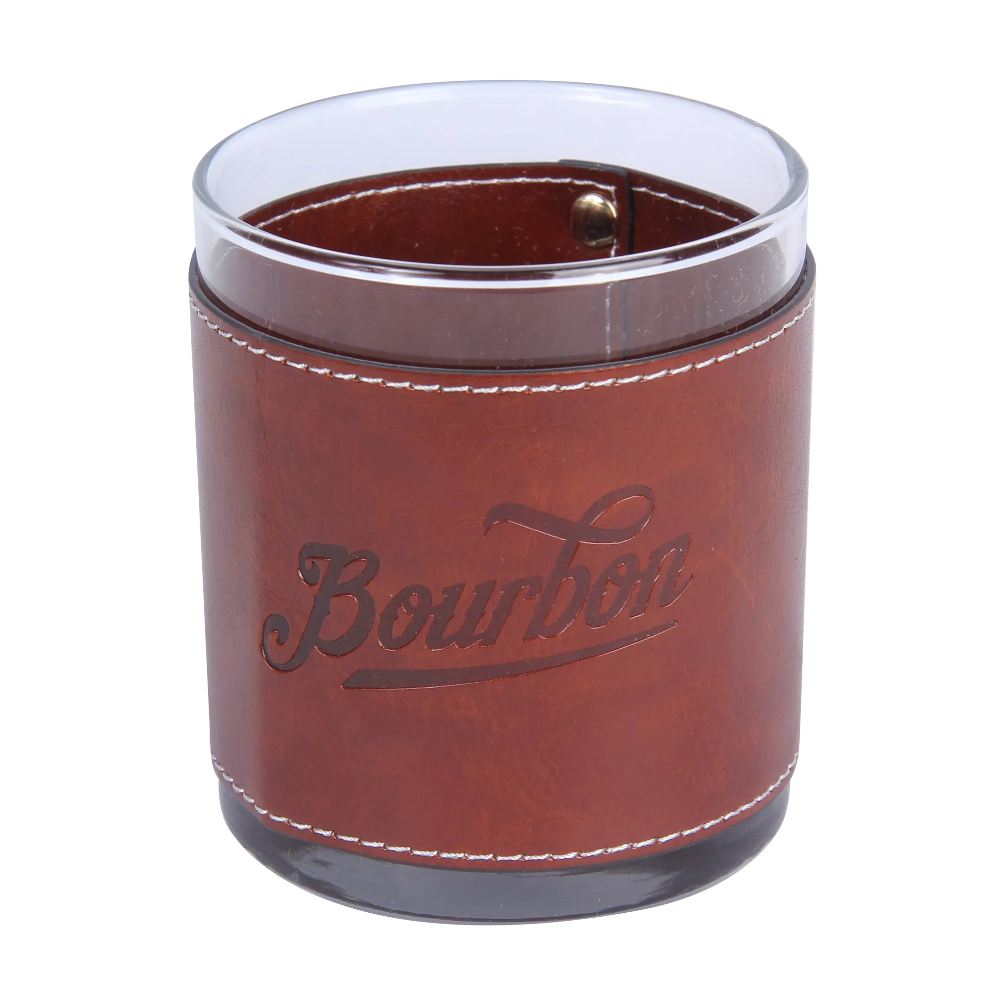 Bourbon Script Angled Faux Leather Rocks Glass