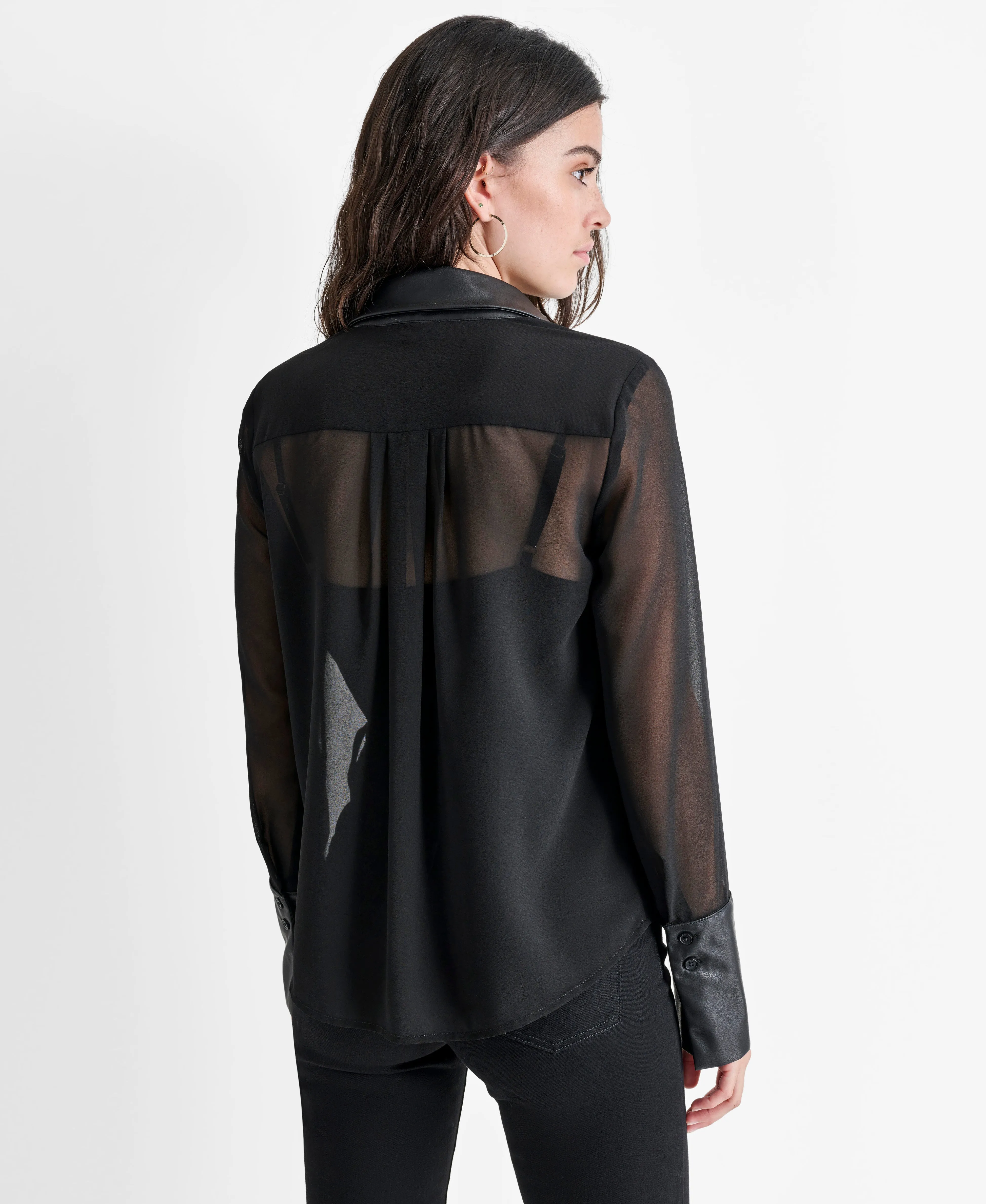 BUTTON FRONT SHIRT WITH FAUX LEATHER COLLAR