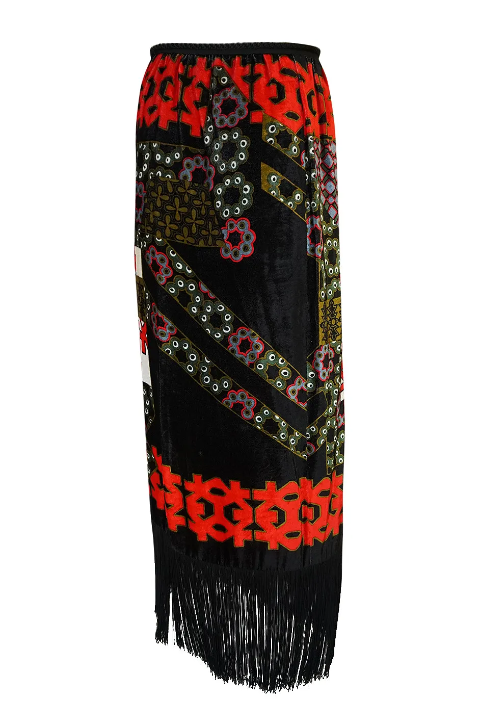 c.1971 Lanvin Demi-Couture Fringe Printed Panne Velvet Skirt