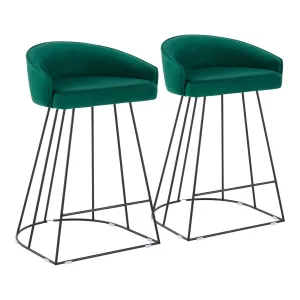 Canary Upholstered Fixed-Height Counter Stool in Black Steel and Green Velvet by LumiSource - Set of 2