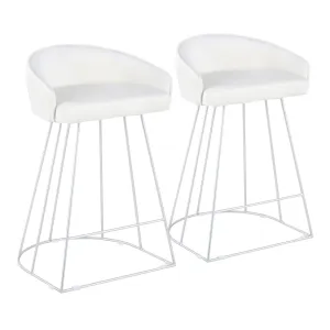 Canary Upholstered Fixed-Height Counter Stool in Silver Steel and White Velvet by LumiSource - Set of 2