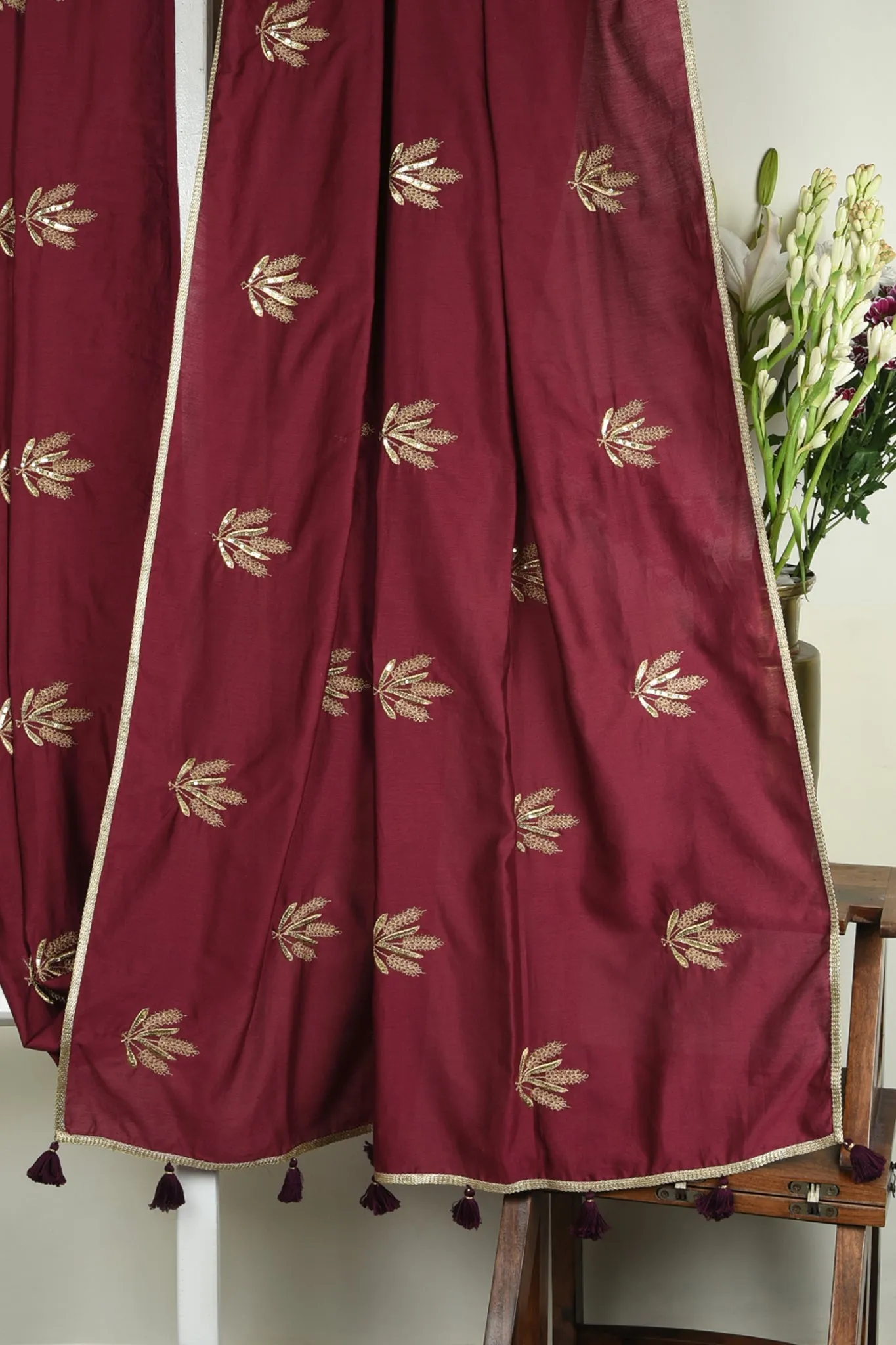 chanderi saree - bordeaux's gilded leaf dance