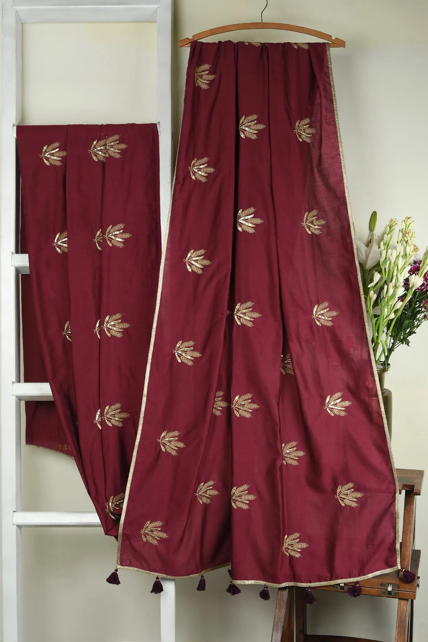 chanderi saree - bordeaux's gilded leaf dance