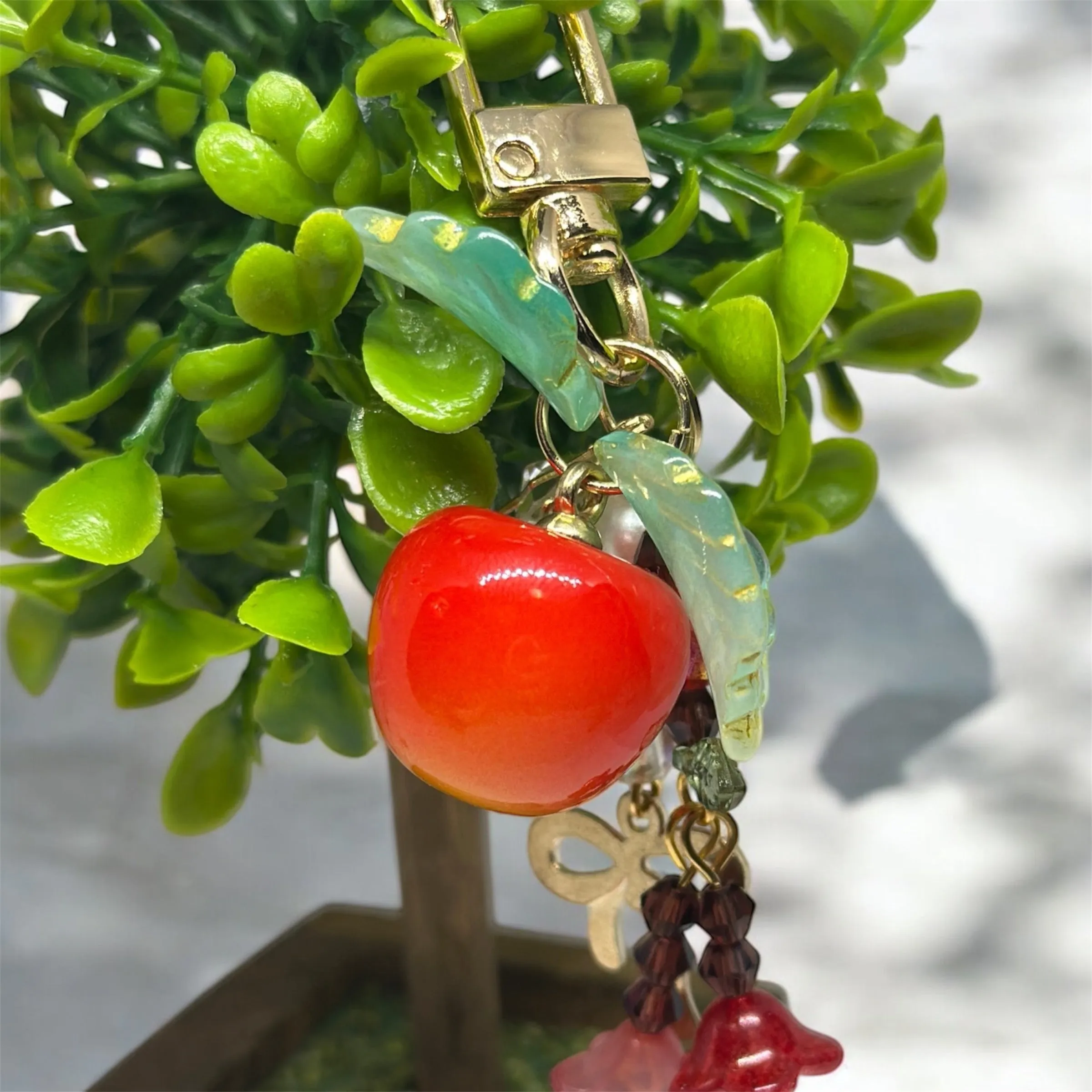 Cherry bag charm | key chain | golden chain with flowers and leaf