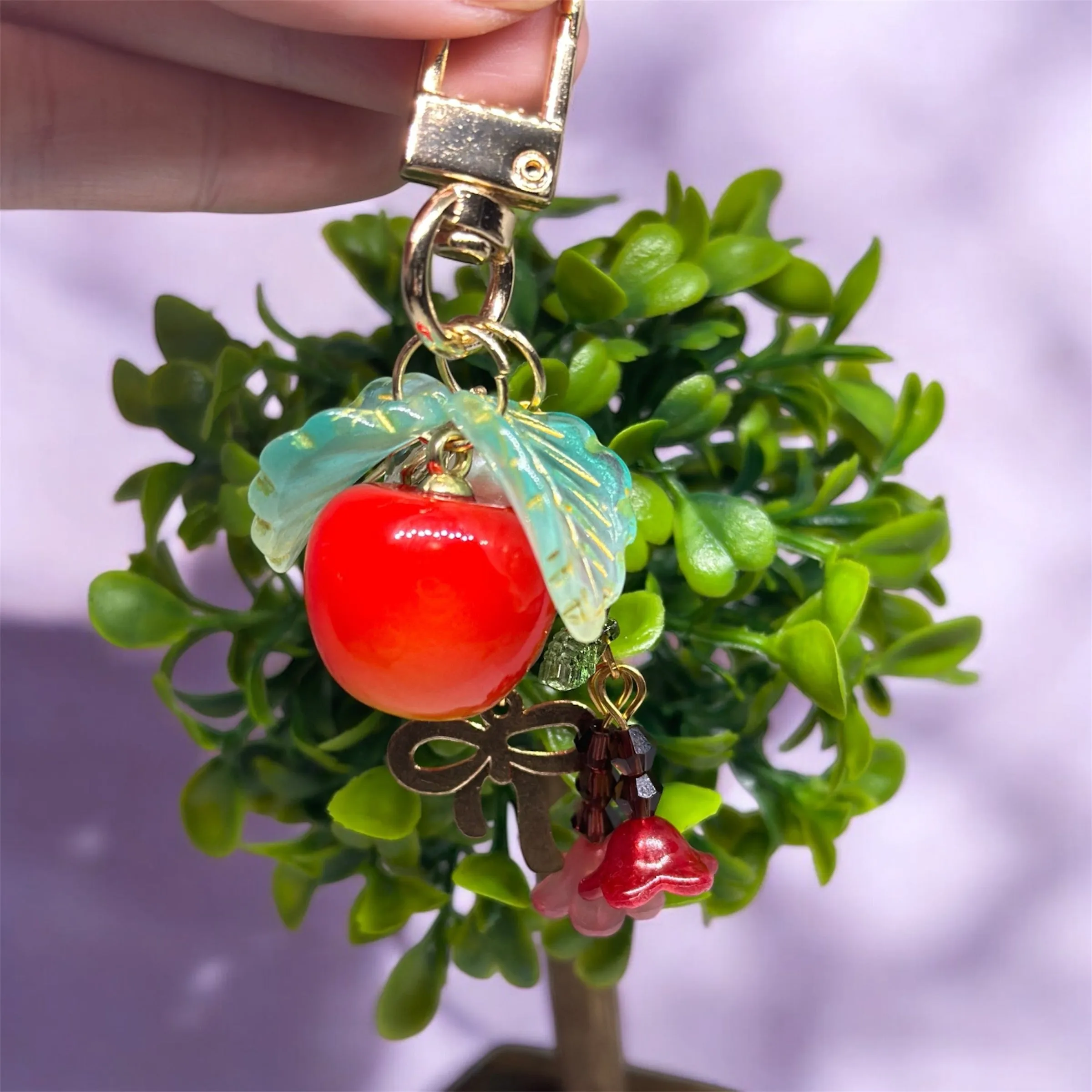 Cherry bag charm | key chain | golden chain with flowers and leaf