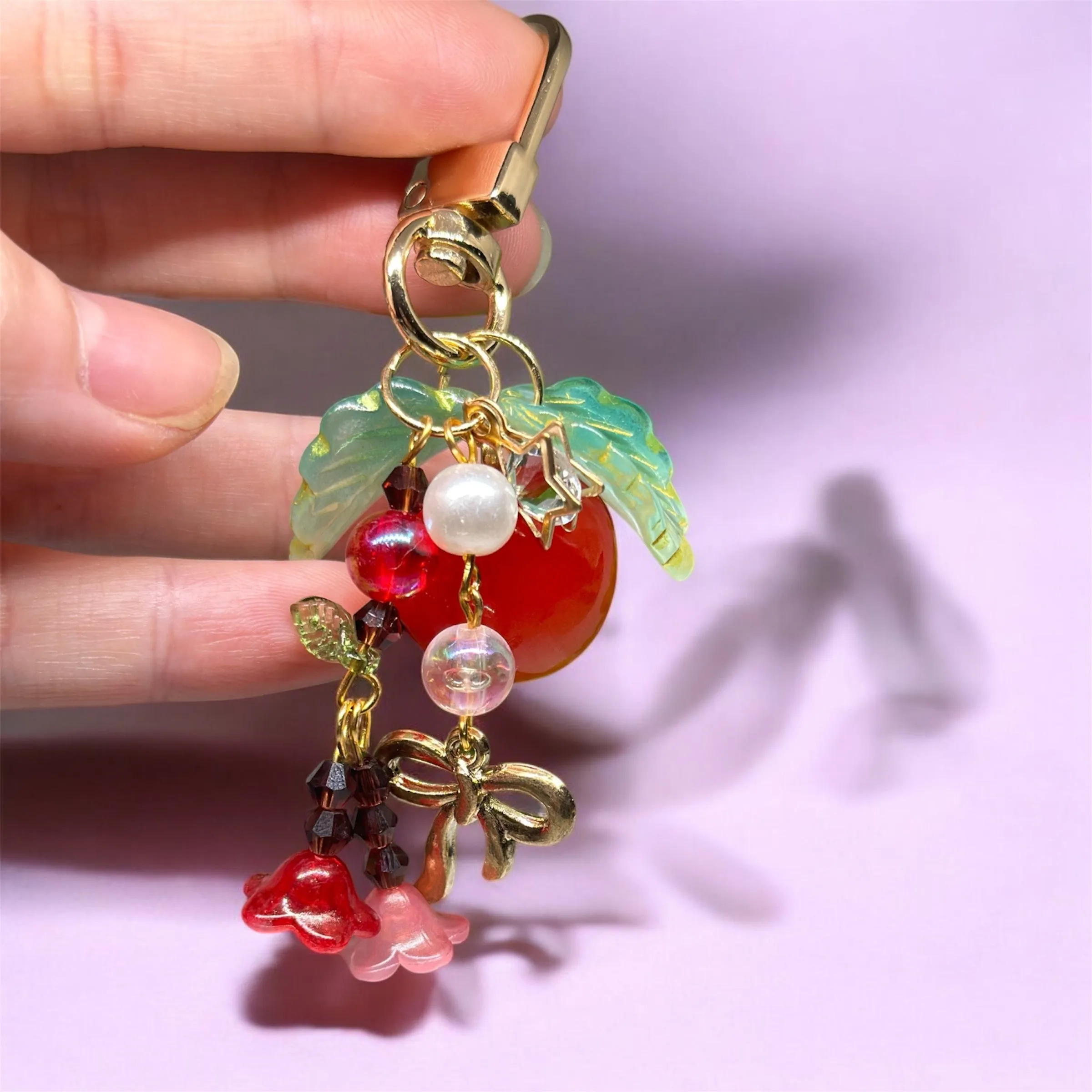 Cherry bag charm | key chain | golden chain with flowers and leaf