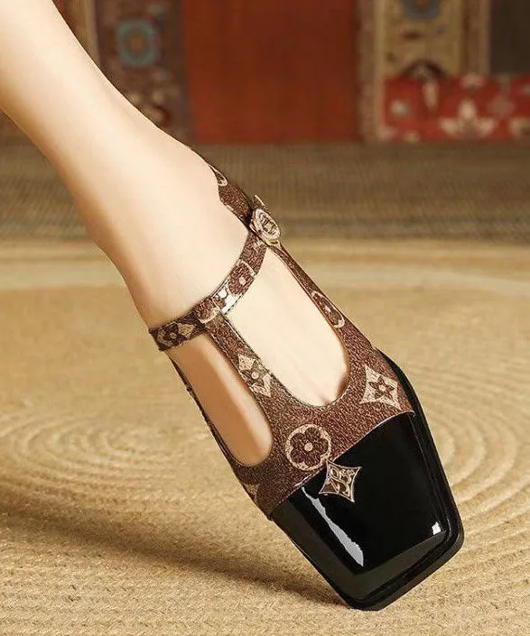 Coffee Buckle Strap Print Splicing Faux Leather Chunky Sandals