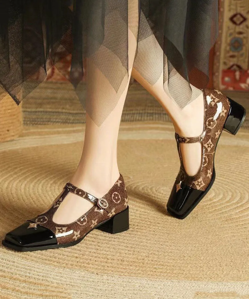 Coffee Buckle Strap Print Splicing Faux Leather Chunky Sandals