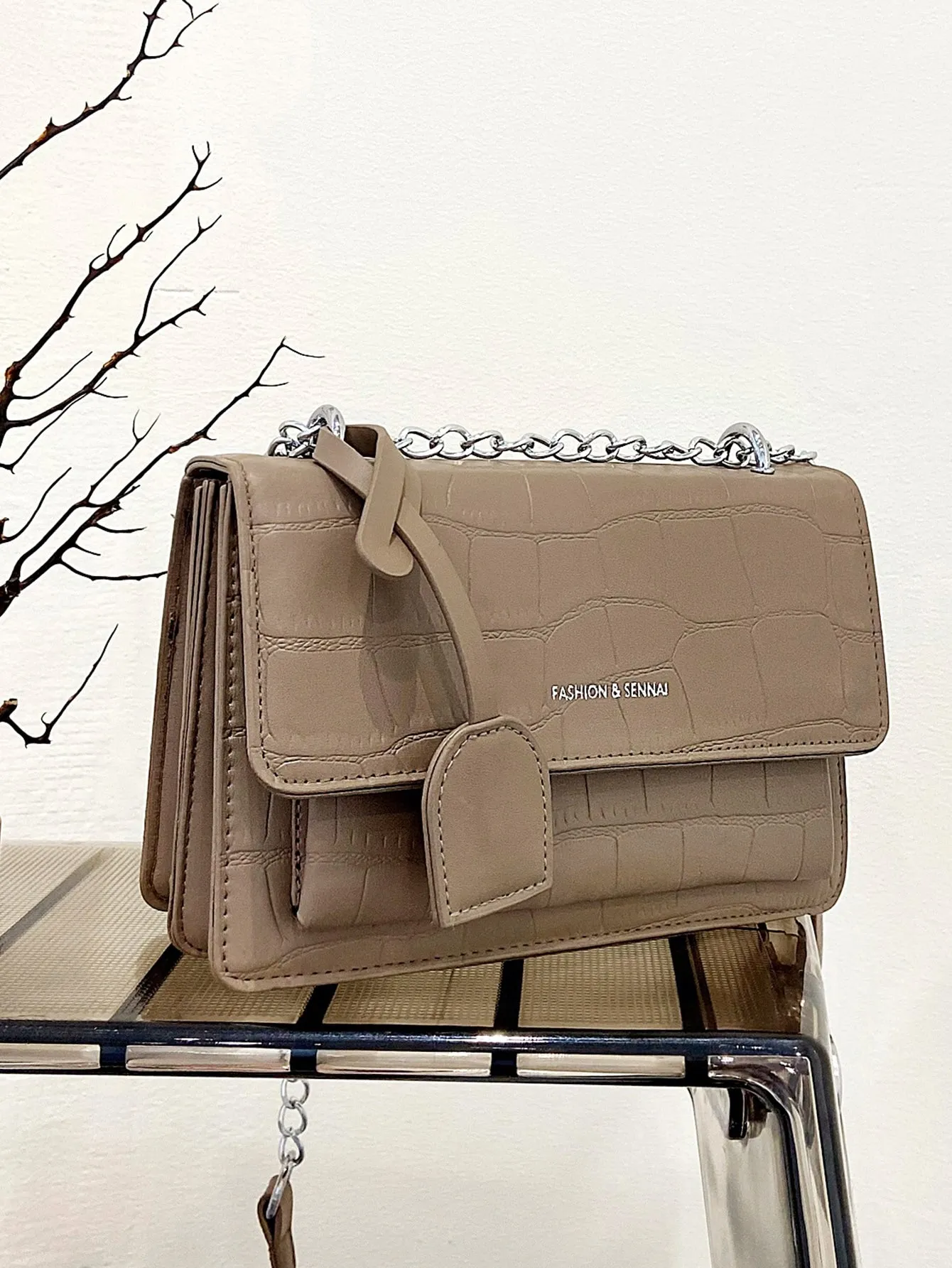 Croc Embossed Chain Flap Crossbody Bag