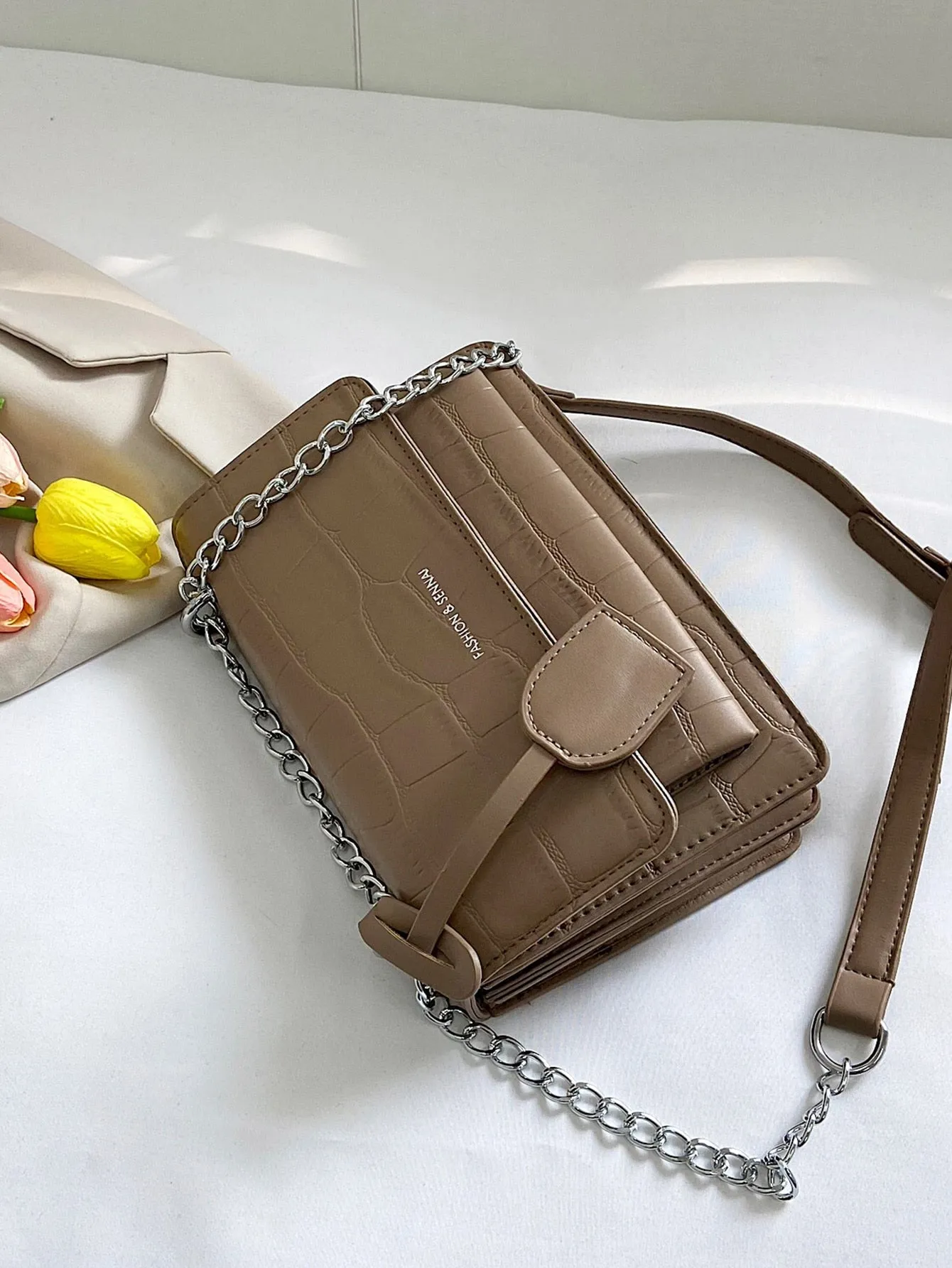 Croc Embossed Chain Flap Crossbody Bag