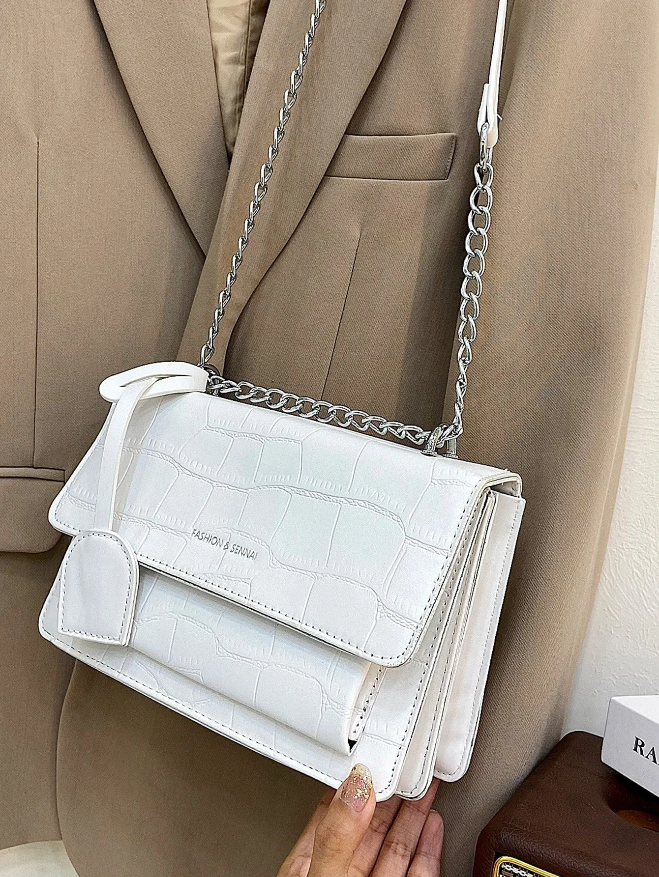 Croc Embossed Chain Flap Crossbody Bag